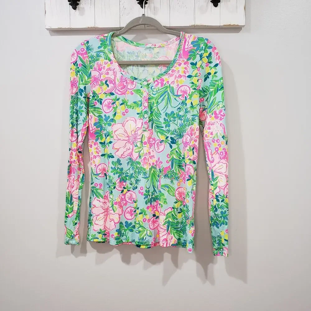 Lilly Pulitzer Lucretia Pajama Top Small Seasalt Blue Fruity Flamingo Floral